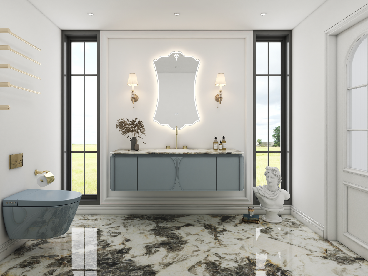 An artistic, irregularly shaped unique shaped bathroom mirror hanging above a minimalist vanity, serving as a sculptural focal point.