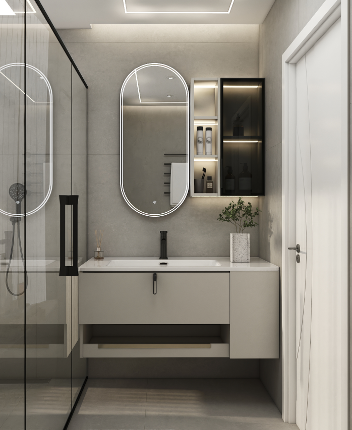 Bathroom cabinet placed beside a vanity for additional storage