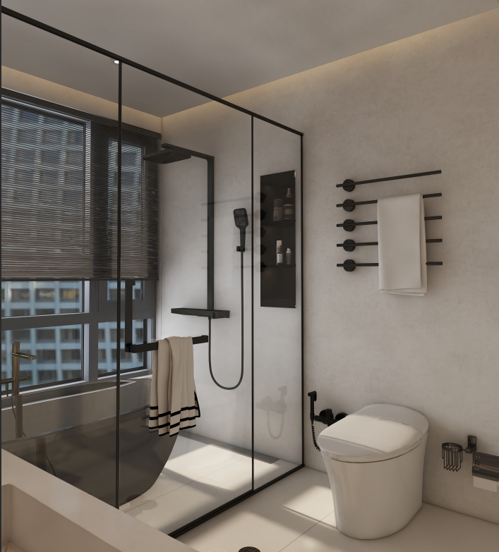 Glass shower enclosure in a modern ensuite bathroom