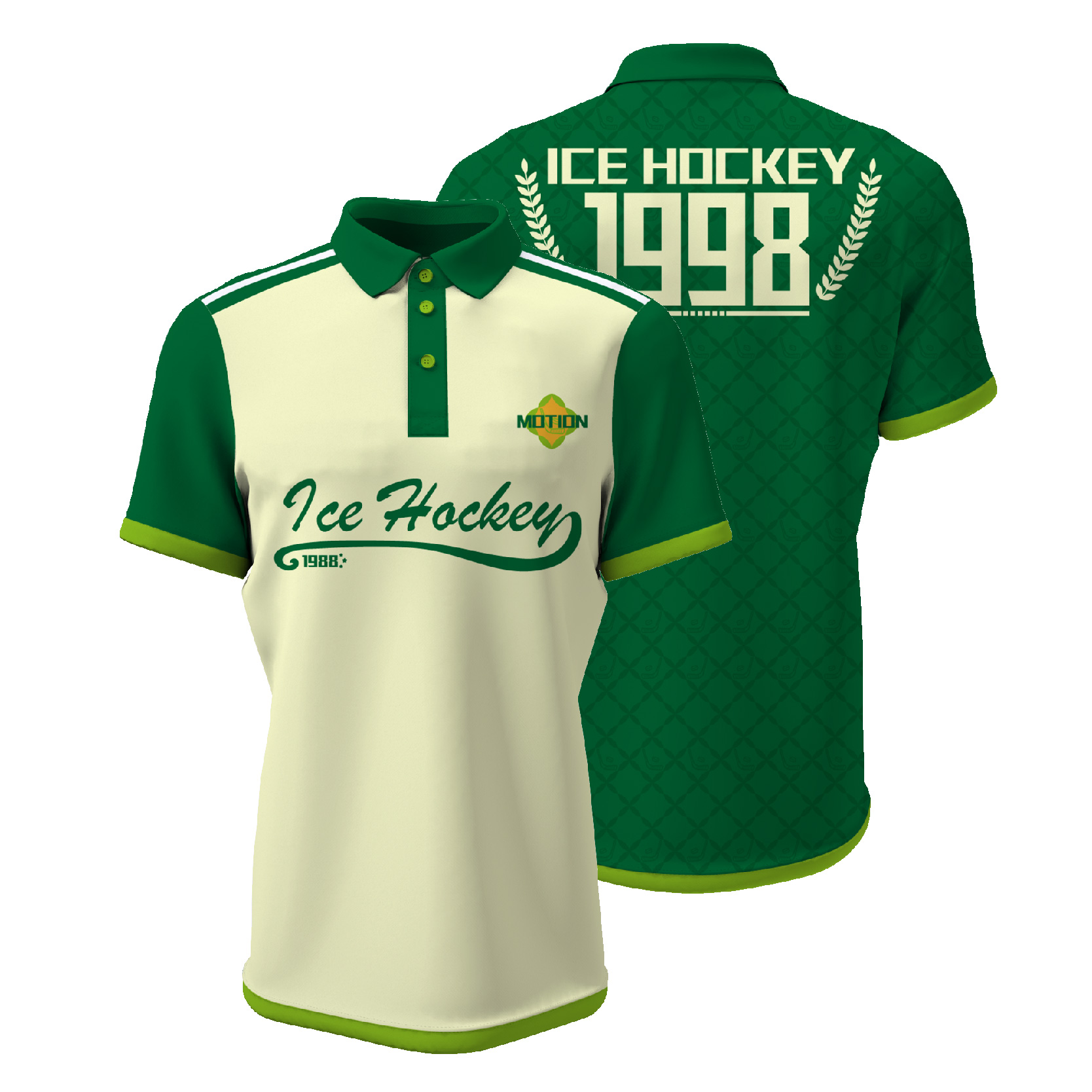 Green polo shirts with ice hockey logos and 1998 numbers