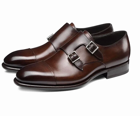 Shoes factory men's polished brown leather double monk strap leather shoes supplies wholesale