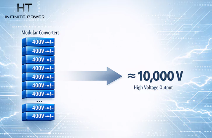 Les modules de 400 V sont connectés en série afin de former une tension alternative d’environ 10 kV.
