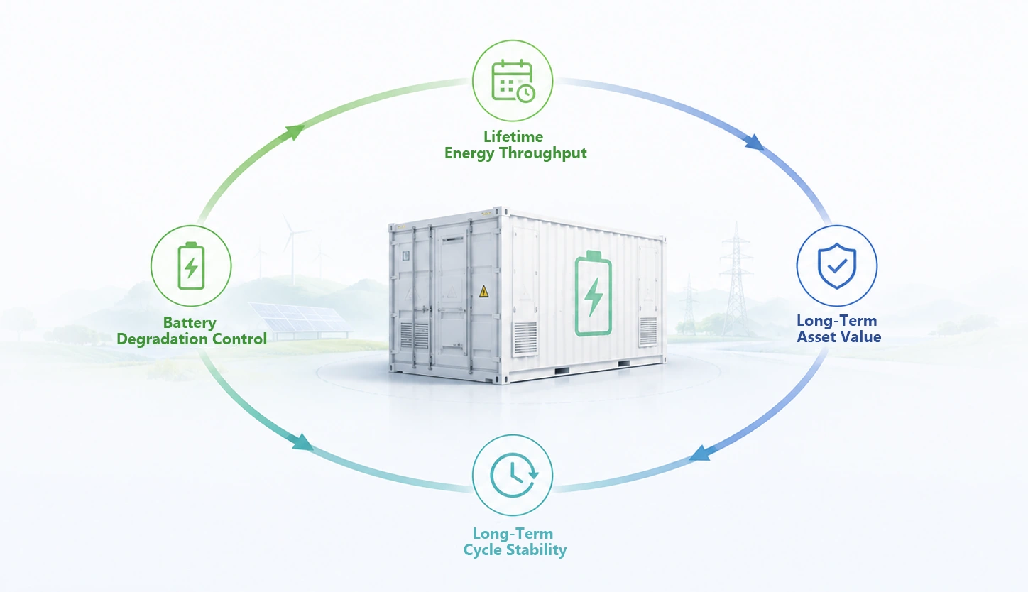 Illustratie van levenscyclusoptimalisatie en langetermijnactivawaarde van batterij-energieopslagsystemen