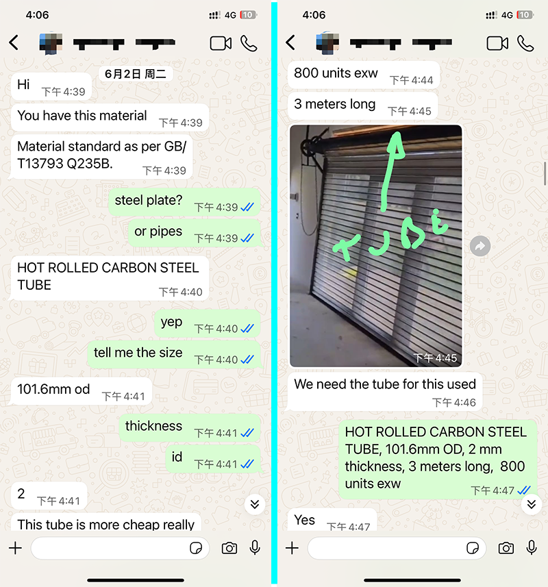 Chat screenshot showing an Argentine customer's inquiry for 800 units of hot rolled carbon steel tubes, 101.6mm OD, 2mm thickness, 3 meters long, intended for rolling door main beam application.