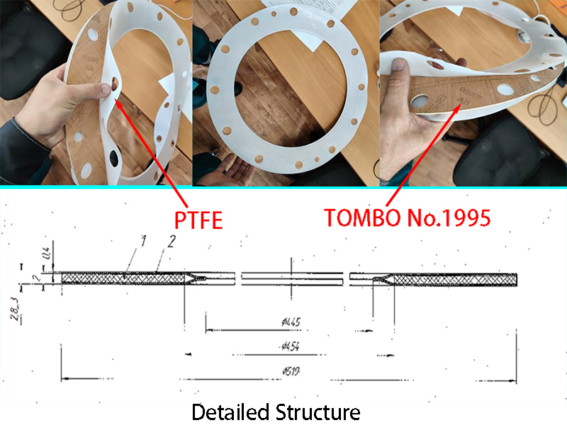 Primer plano de una junta PTFE y plano técnico que muestra la estructura de tres capas: capas exteriores de PTFE con núcleo interior TOMBO No.1995.