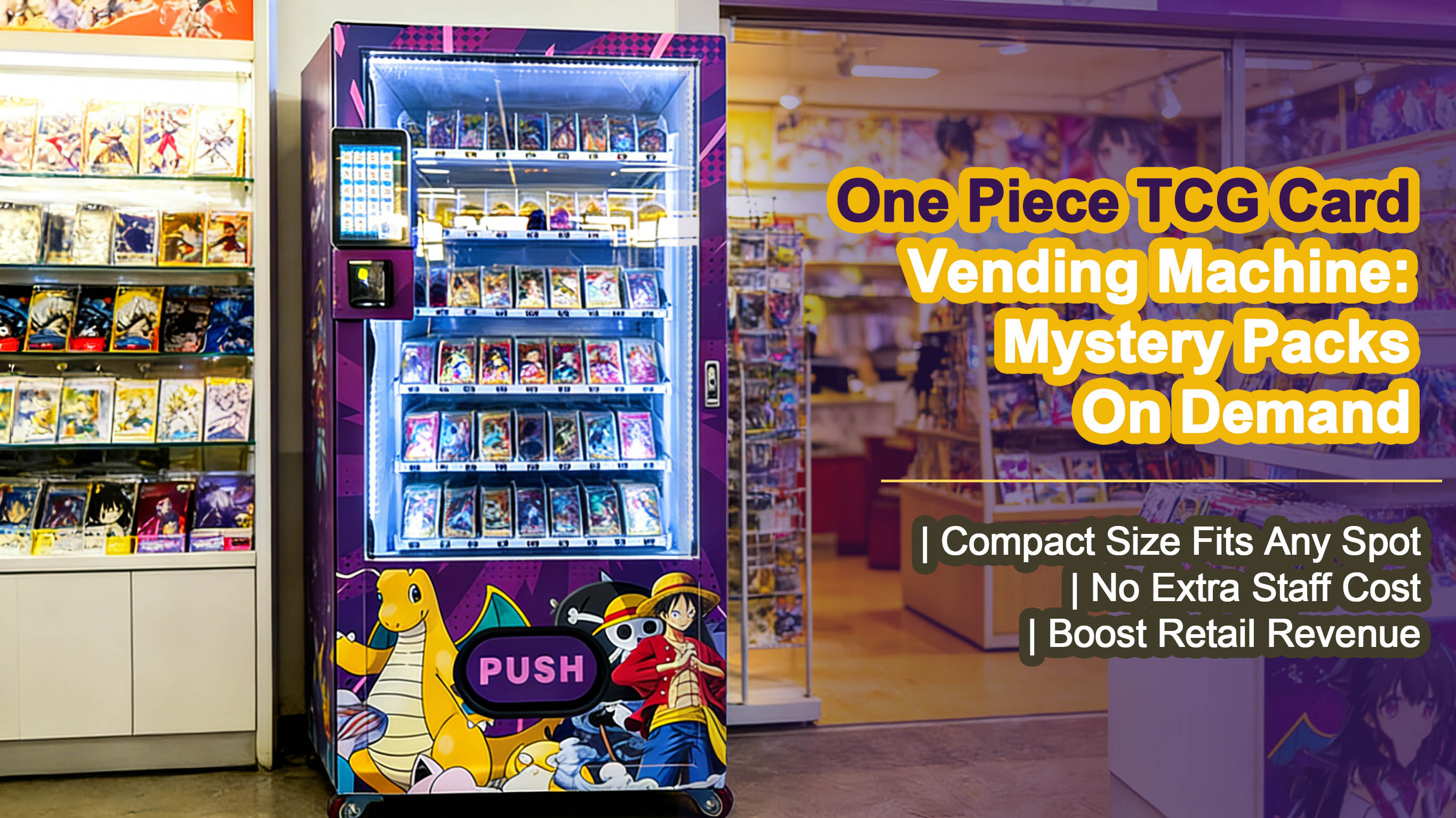 A Space-Saving One Piece TCG Mystery Packs Vending Machine for 24/7 Card Sales