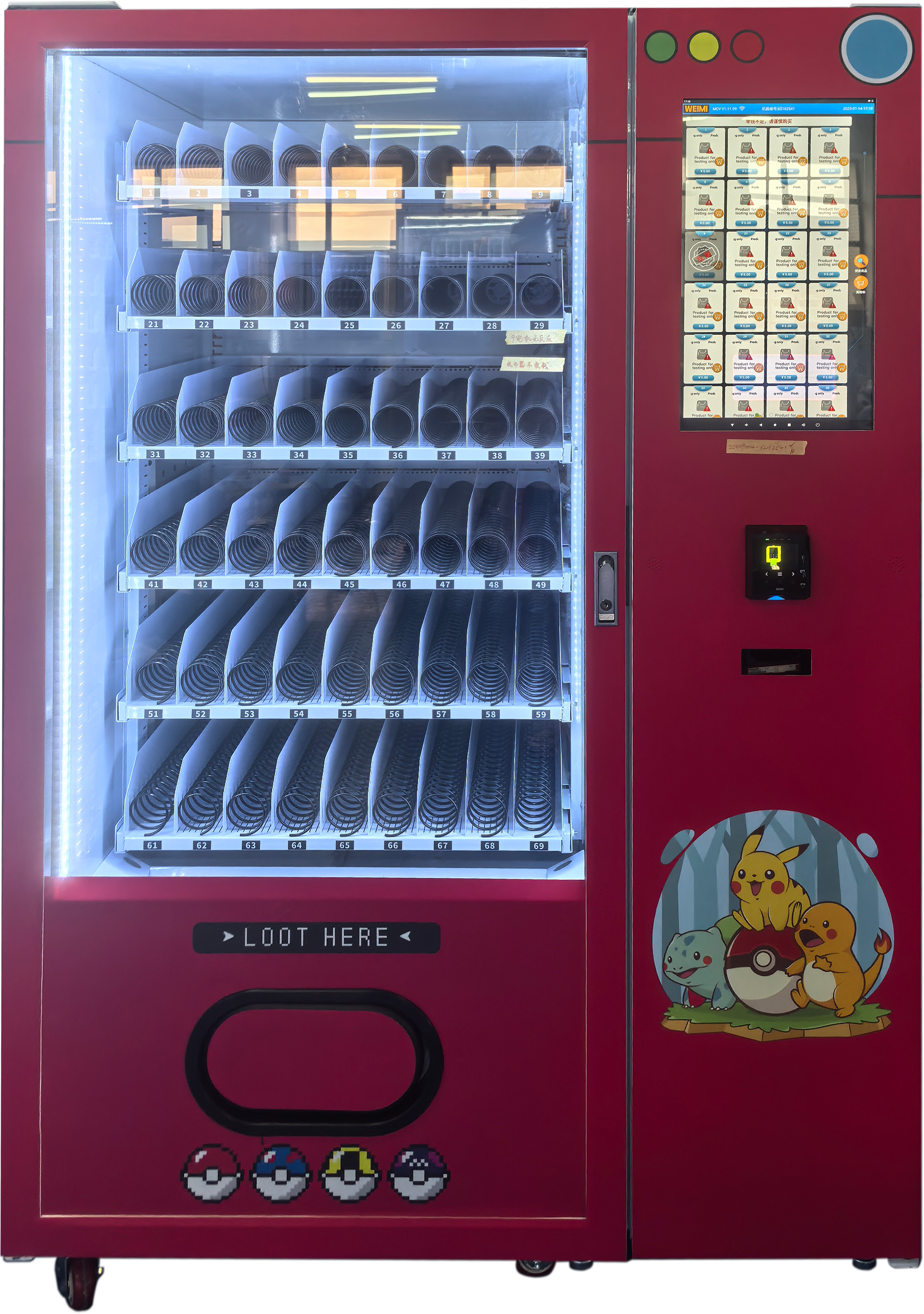weimi pokemon trading card vending machine with optional payment methods including card, coin, cash, etc. adjustable goods slots to fit different sizes of products