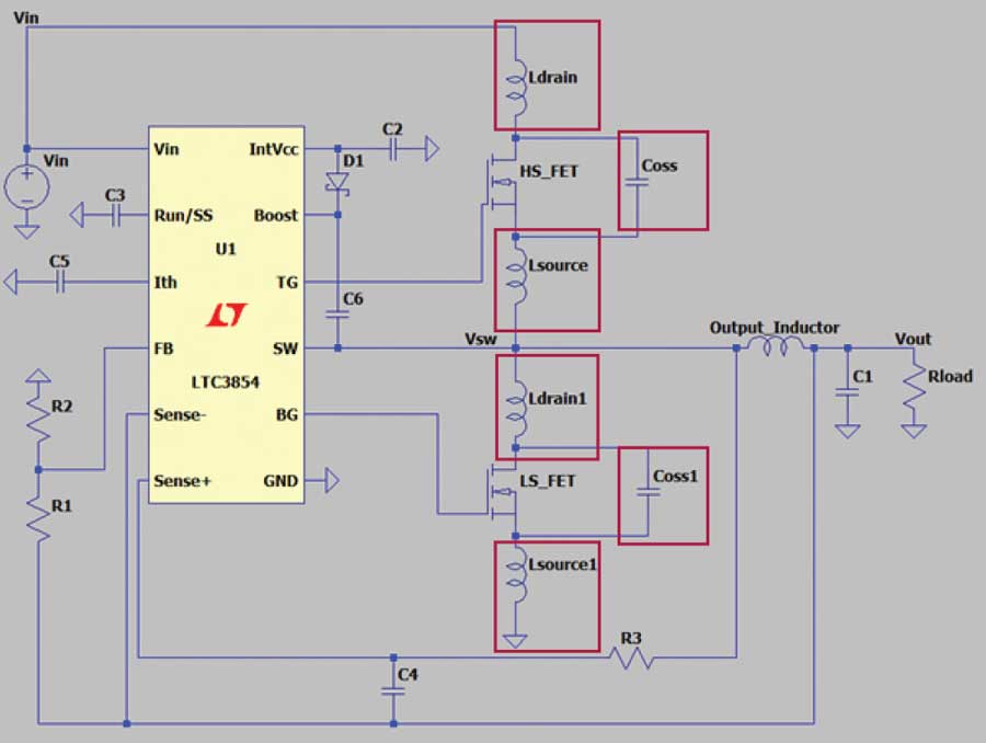Figure 1. Power supply circuit incorporating circuit parasitic effects