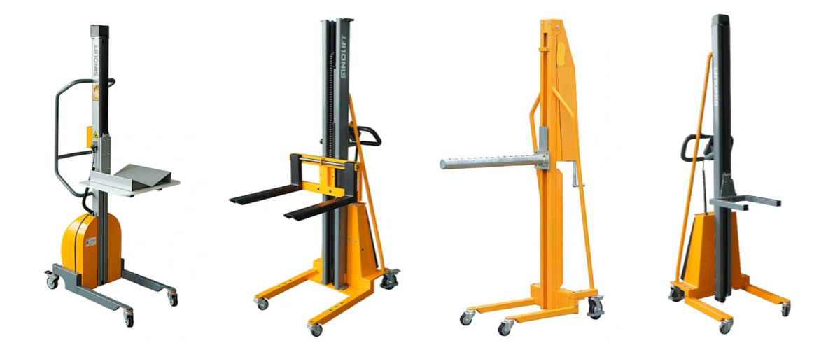 Sinolift roll lifter with V-fork attachment handling a heavy paper roll in a warehouse
