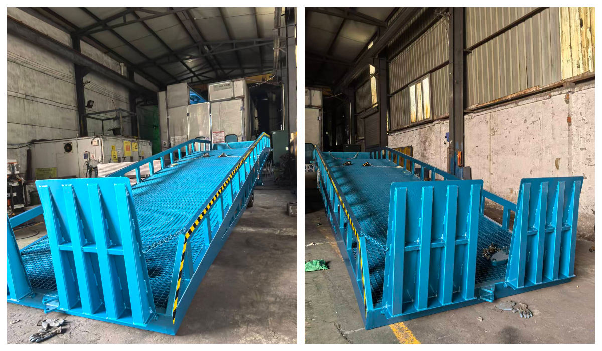 Heavy-duty portable dock leveler by Sinolift, featuring manual hydraulic pump, safety chains, and serrated deck for stable truck-to-ground loading.