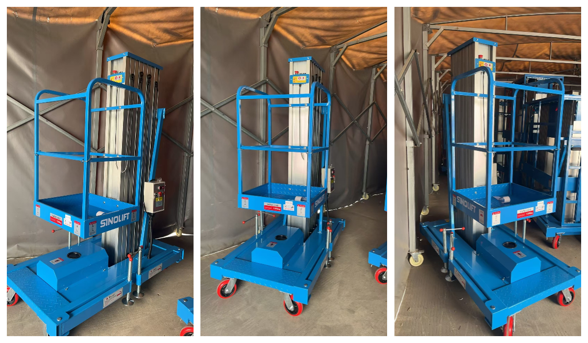 Sinolift GTWY-3000 three-mast aluminum aerial work platform fully extended indoors for high-ceiling maintenance