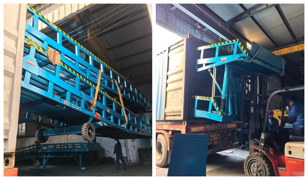 Industrial mobile loading ramp for warehouses without fixed docks, showing one-person operation and forklift moving on durable steel structure.