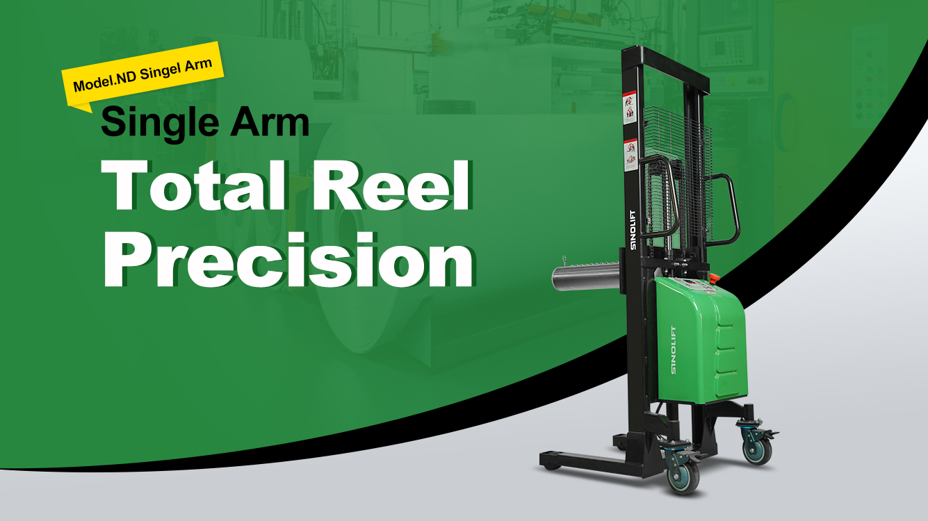 Sinolift ND95C intelligent single-arm electric reel stacker smoothly handling lithium battery electrode rolls in a clean room environment, featuring precision mandrel design and polyurethane wheels for epoxy floor protection.