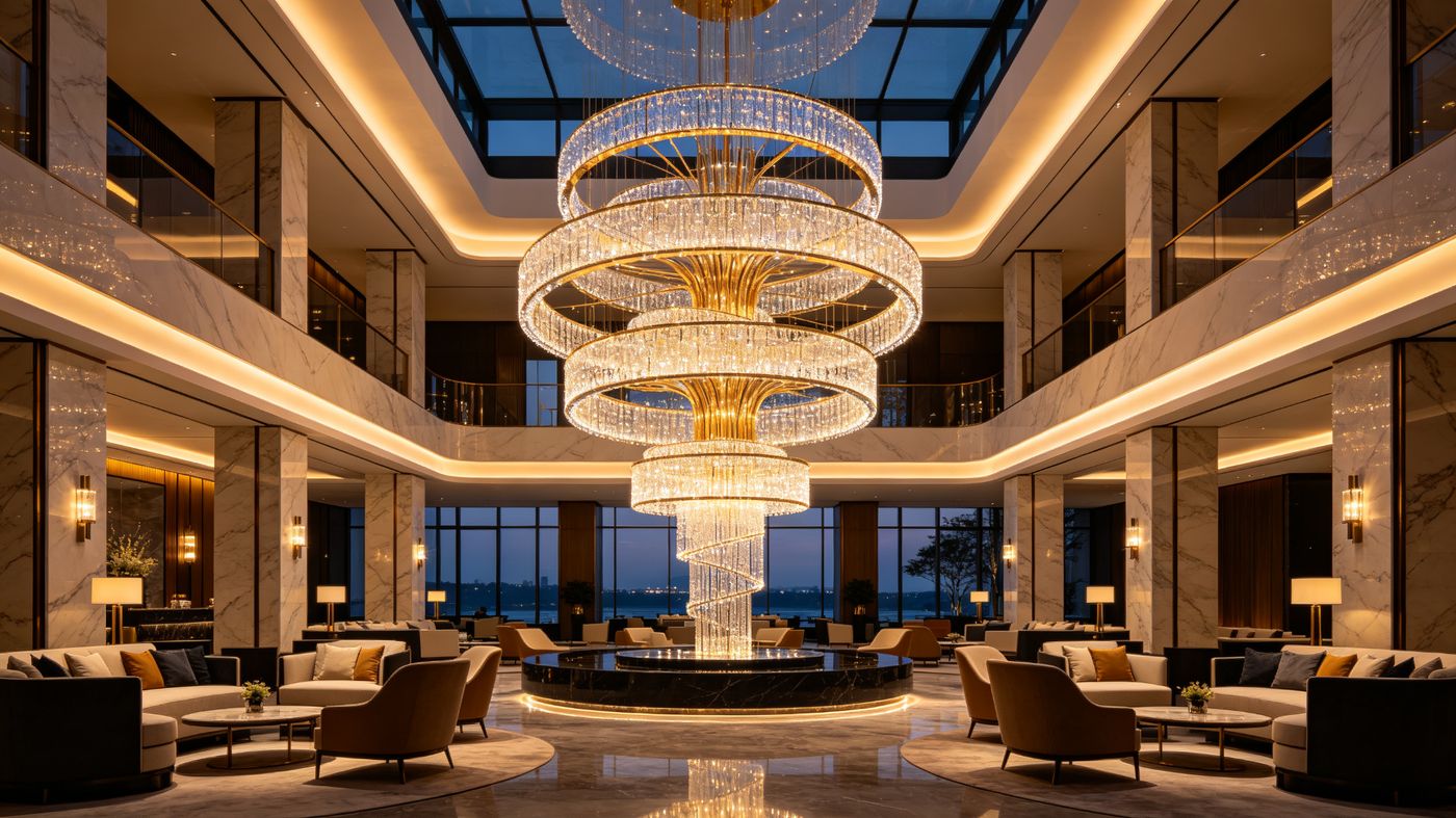 Statement chandelier in a luxury hotel lobby at dusk