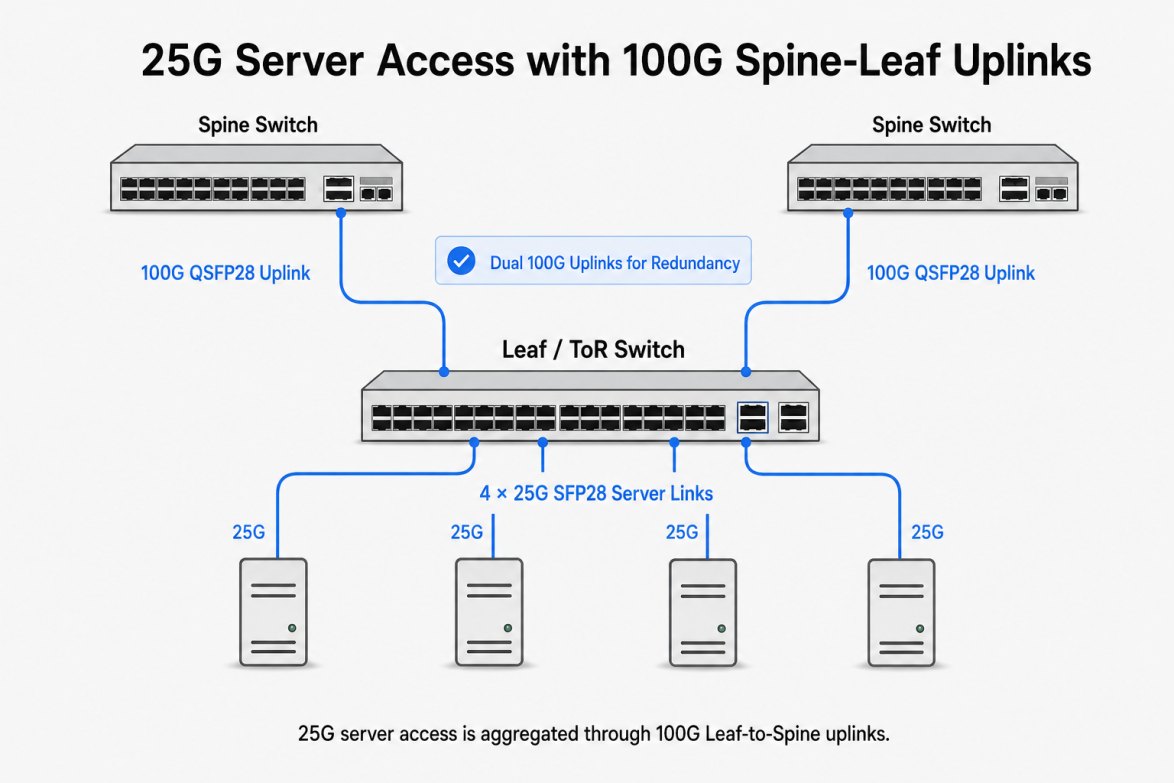 25G SFP28 optical module server links with dual 100G QSFP28 spine-leaf uplinks