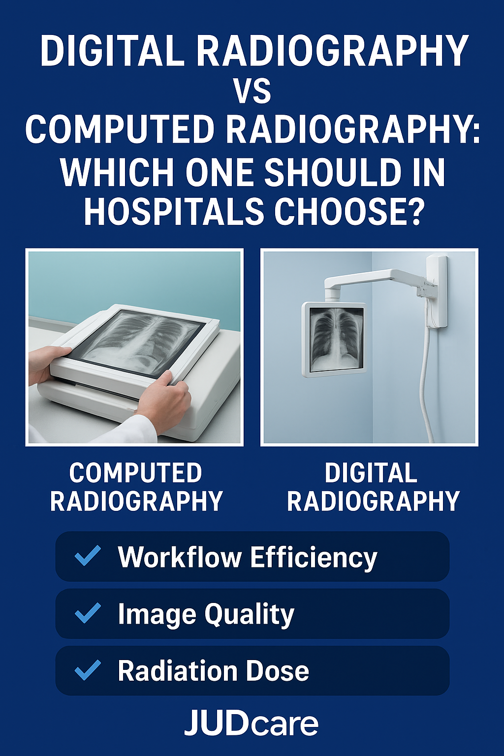Digital radiography vs computed radiography comparison showing workflow efficiency, image quality, and radiation dose advantages for hospitals