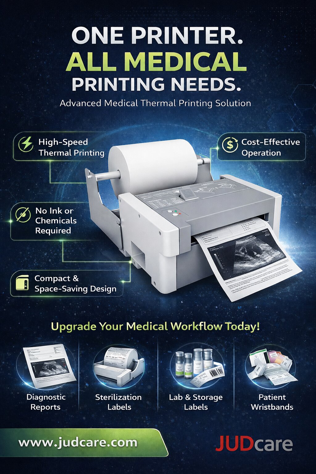 Medical thermal printer printing diagnostic reports and hospital labels for modern healthcare workflows