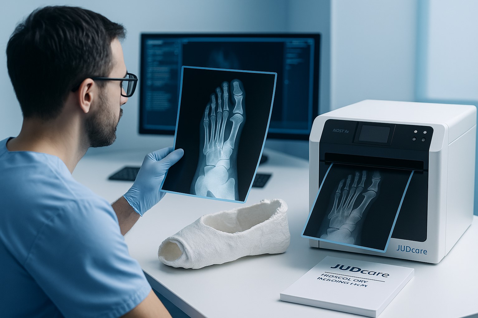 Radiologist examining high-resolution X-ray output printed on medical dry imaging film by JUDcare MDST-24