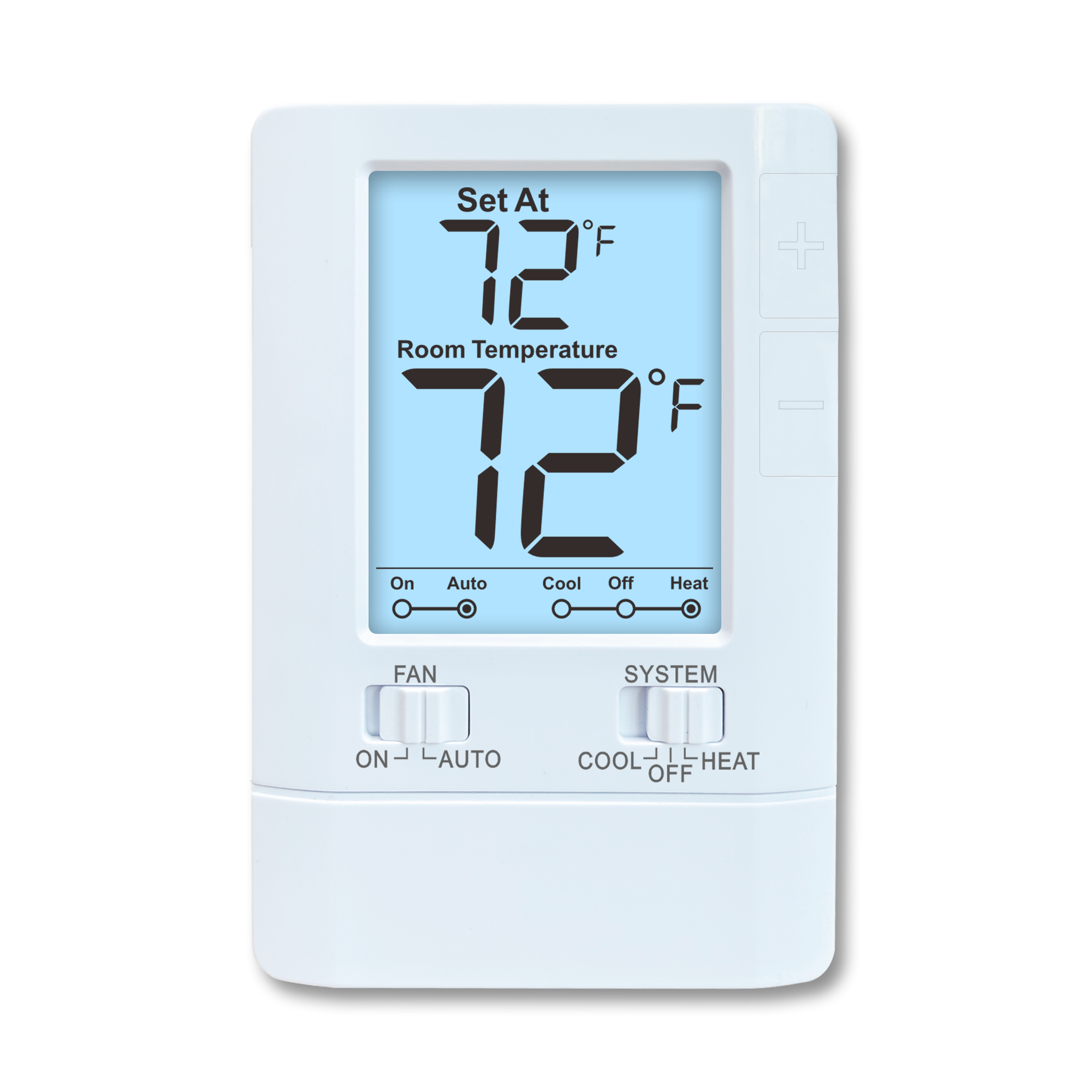 Our digital thermostats come equipped with configurable setpoint limits. This allows hotel managers to lock the cooling range to a minimum of 72°F and heating to a maximum of 78°F.