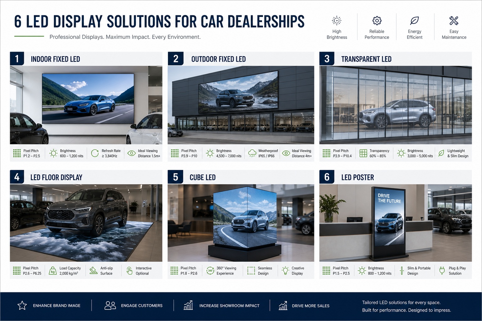 4s dealership led display types including fixed transparent floor cube and poster led screens