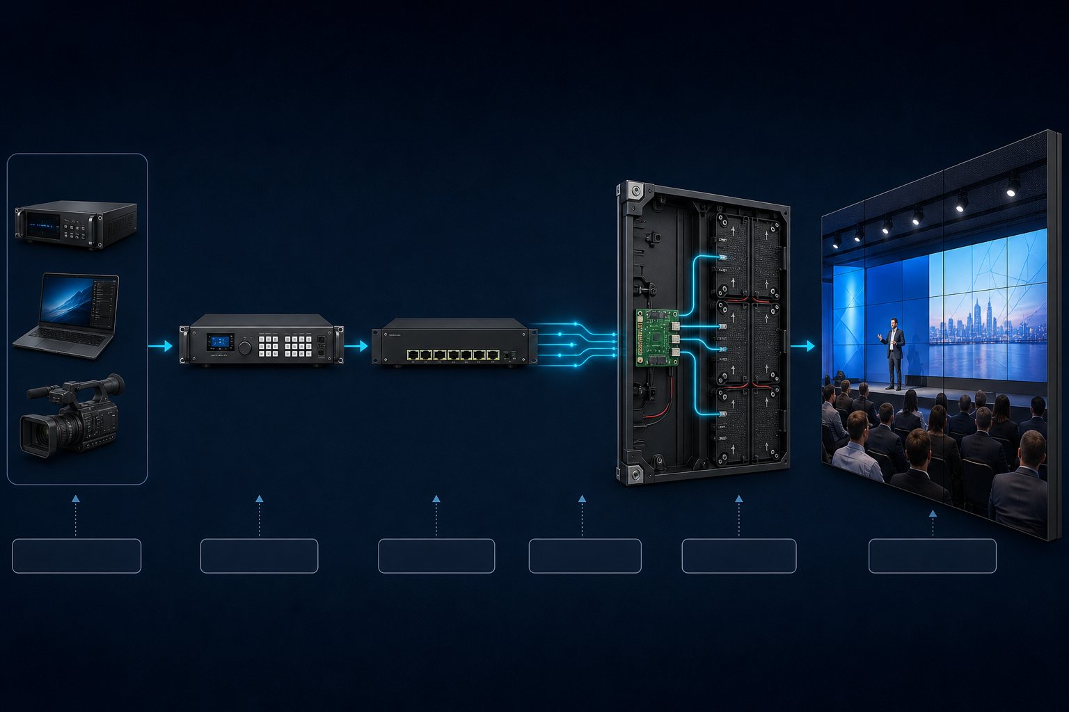 rental led screen signal chain from video source to receiving cards and led cabinets