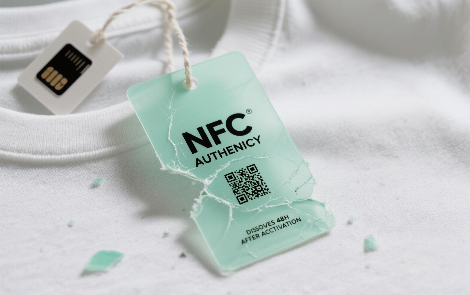 A self-destructing clothing hang tag dissolving after the expiration date.