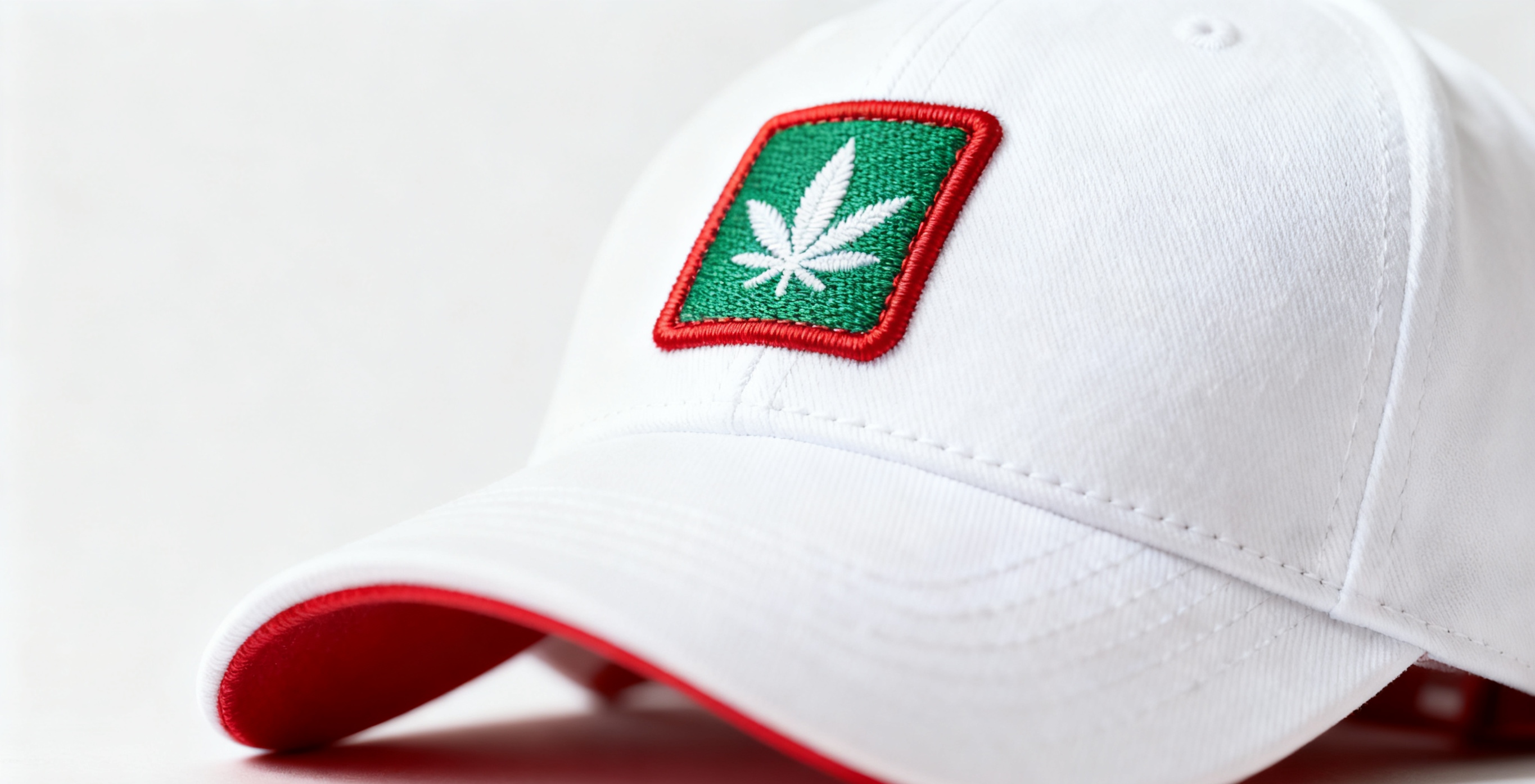 High-detail embroidered hat patches displayed on flat and curved baseball hat surfaces.