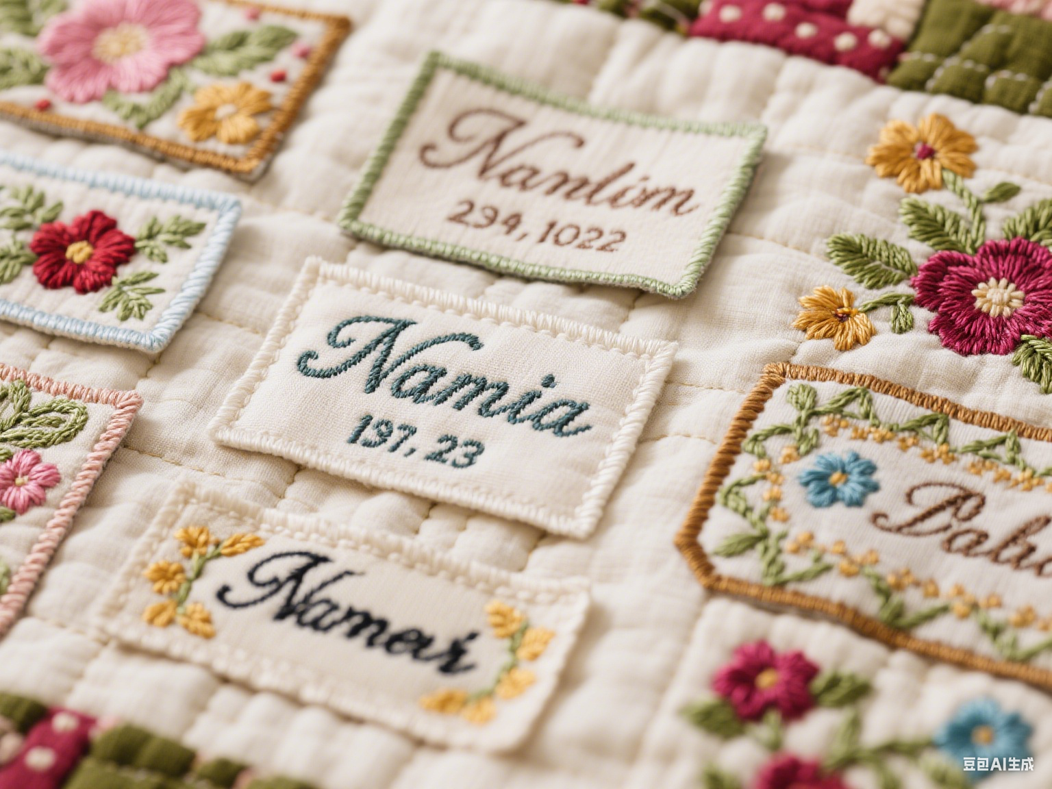 A close-up shot of different quilt embroidered labels showing names, dates, and floral stitch designs.