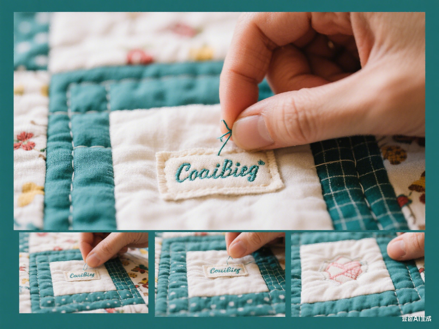 A step-by-step photo showing the process of stitching an embroidered label onto a quilt.