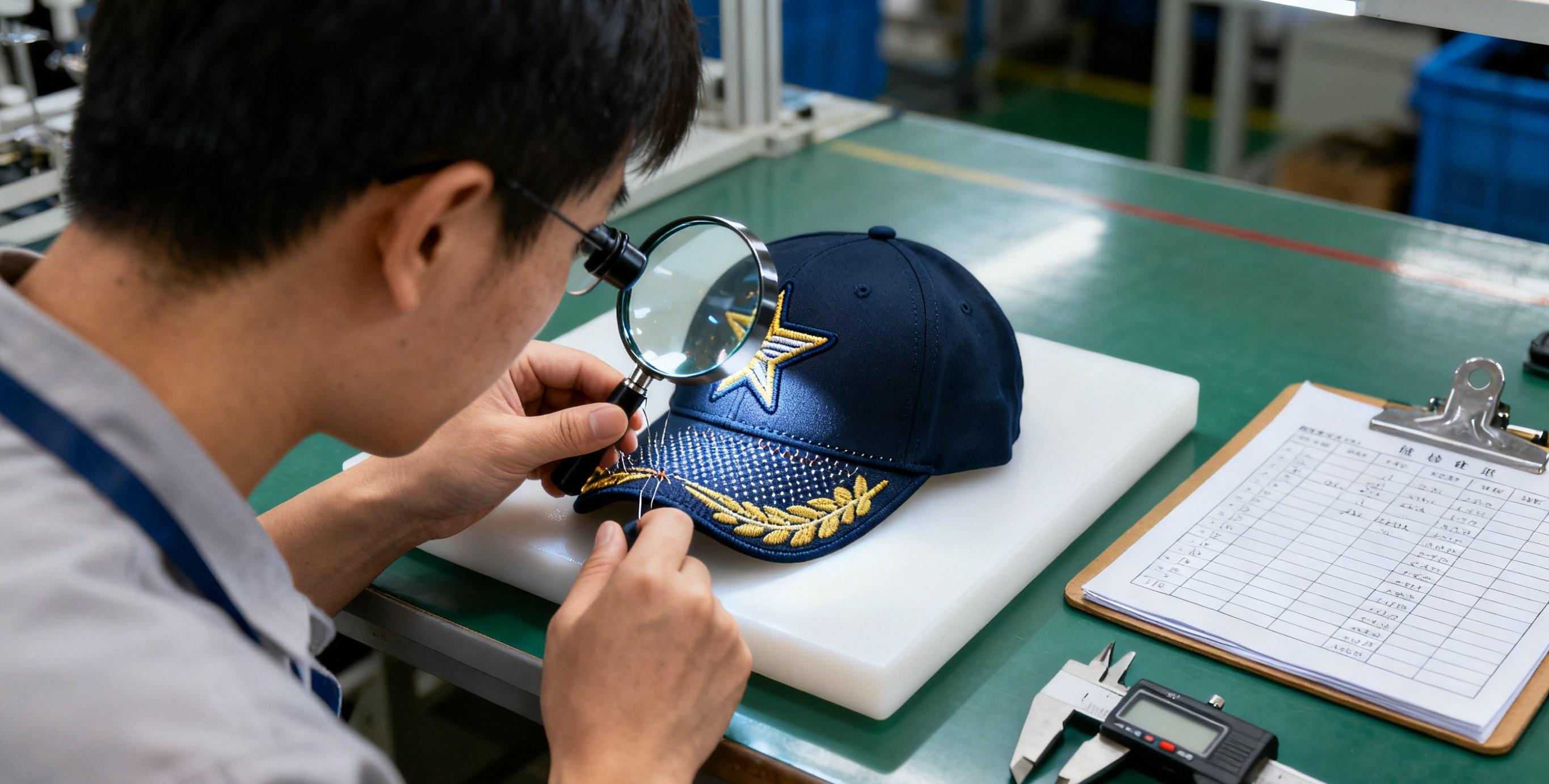 technician checking embroidered patch hat quality details