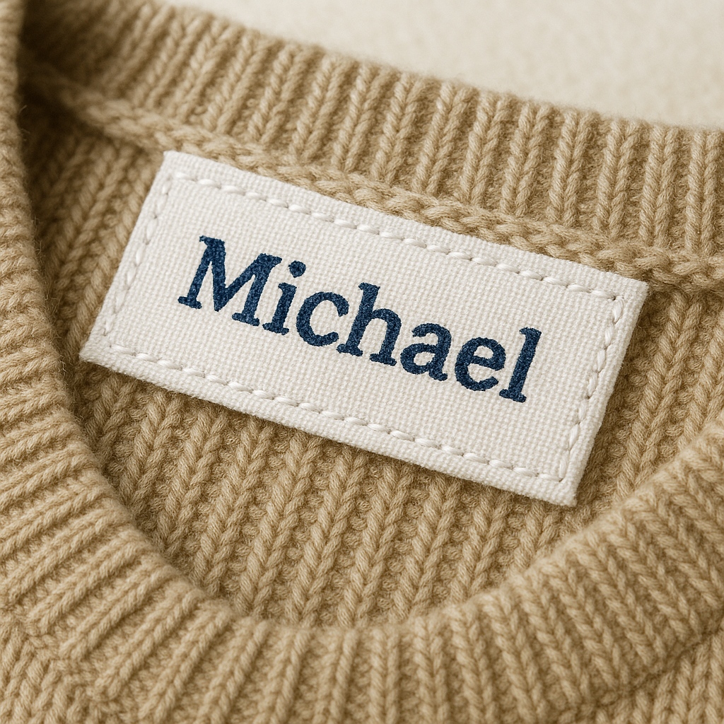 Woven name labels sew on design, durable stitching for long-lasting garment use.
