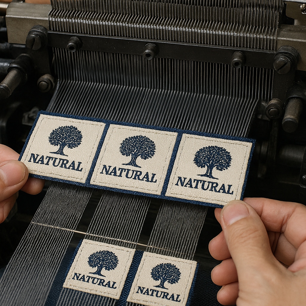 Woven patch label production process showing weaving machines and quality control.
