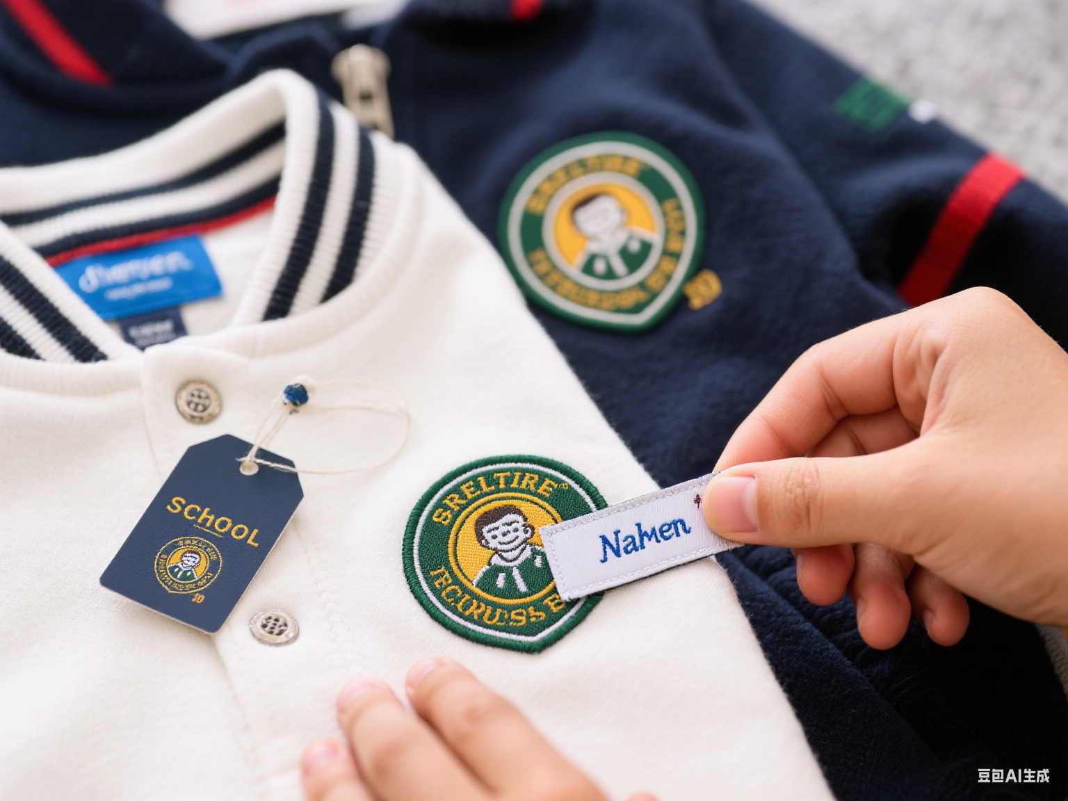 A step-by-step photo showing the process of stitching an embroidered label onto a quilt.