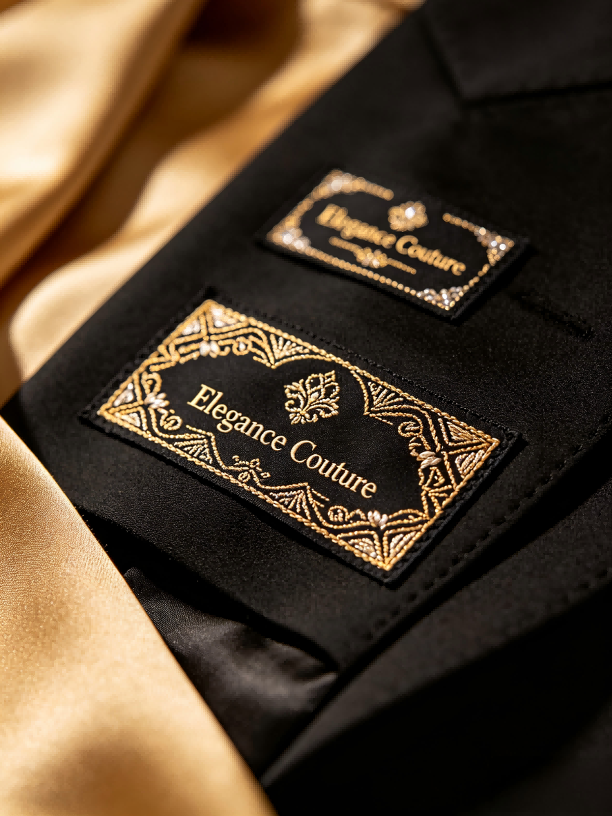 Prendas de moda de lujo con etiquetas de marca tejidas personalizadas.