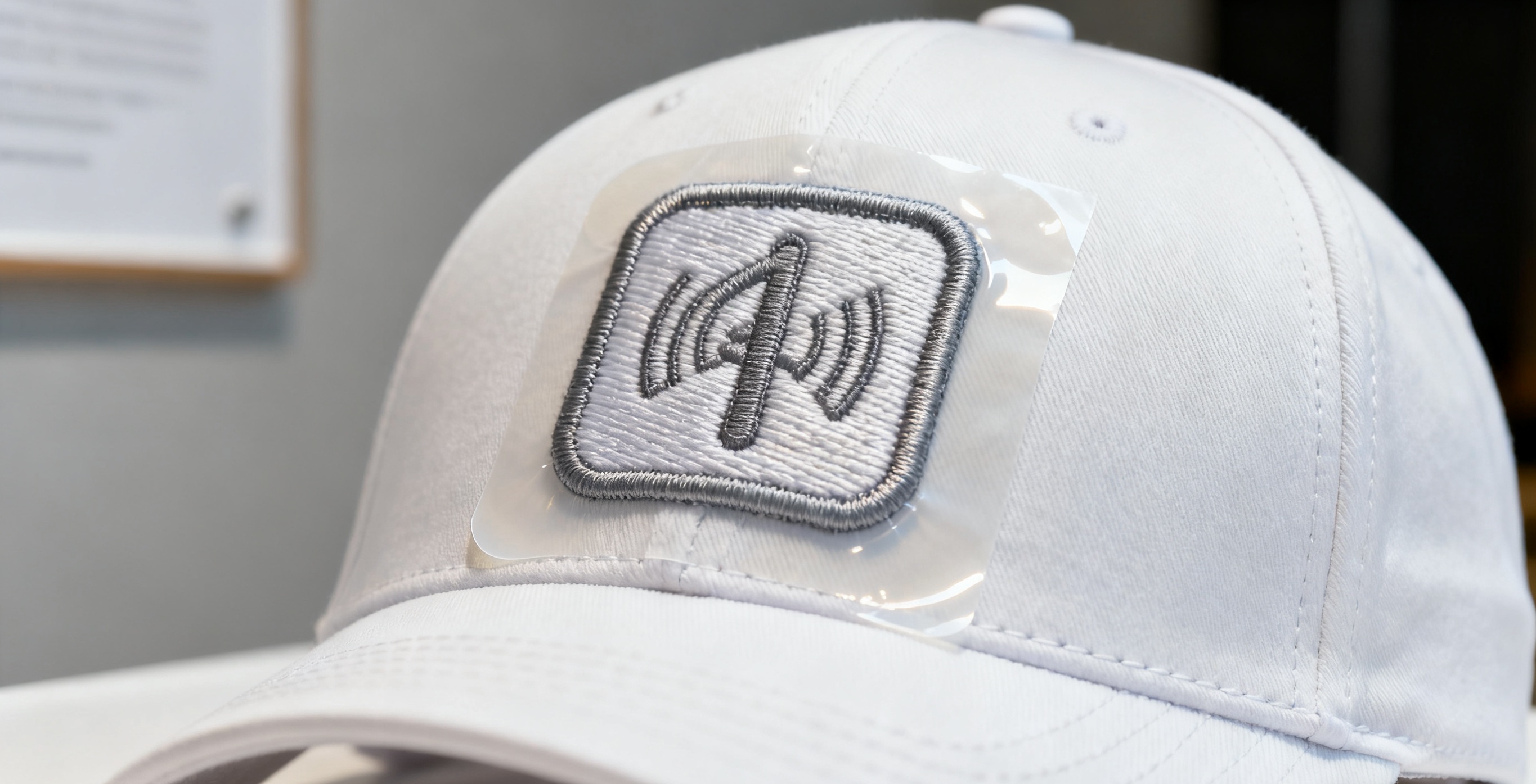 Different embroidered patch for hats showing various backing types including heat seal and pressure-sensitive adhesive.