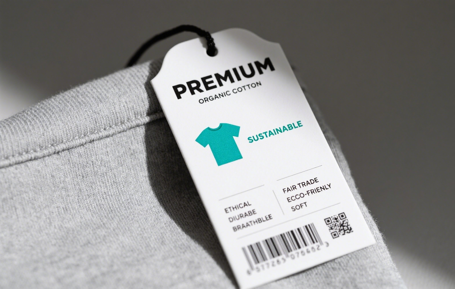 Optimized clothing hang tag featuring commercial intent keywords.
