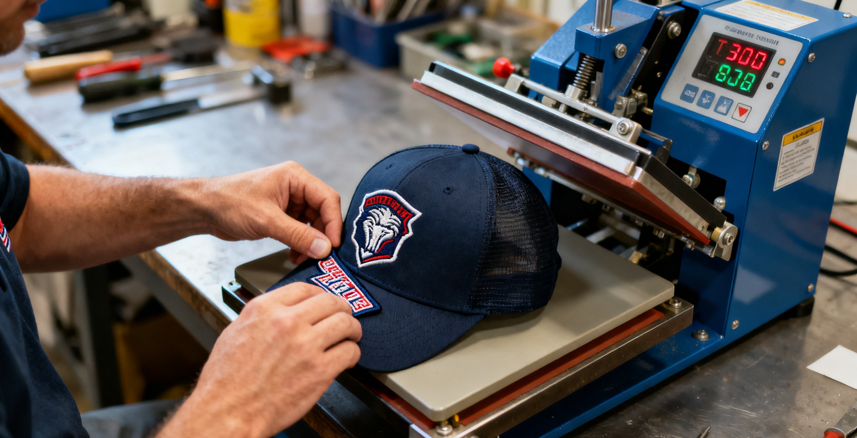 Technician applying embroidered patch hat using industrial heat press for precise alignment and bonding.