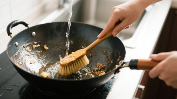 use hot water and a brush to remove food in a wok use hot water and a brush to remove food in a wok
