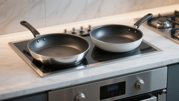 one with an aluminum base and one with a stainless steel base both featuring a glossy ceramic coating