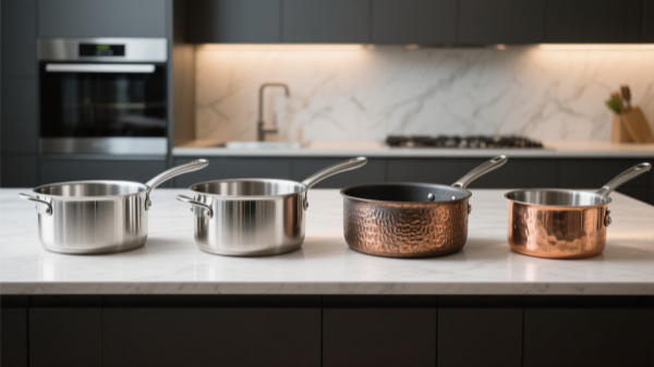 Modern kitchen scene displaying four cookware pots - aluminum, stainless steel, cast iron, and copper
