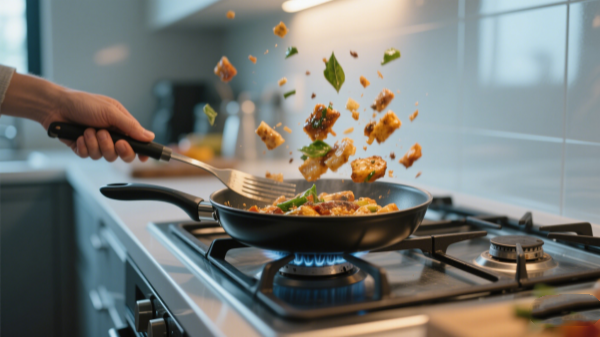 a sauté pan on the stovetop with food being tossed for sautéing