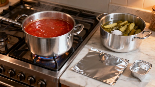 bare aluminum stock pots for packaging or prolonged cooking of highly acidic or salty foods bare aluminum stock pots for packaging or prolonged cooking of highly acidic or salty foods