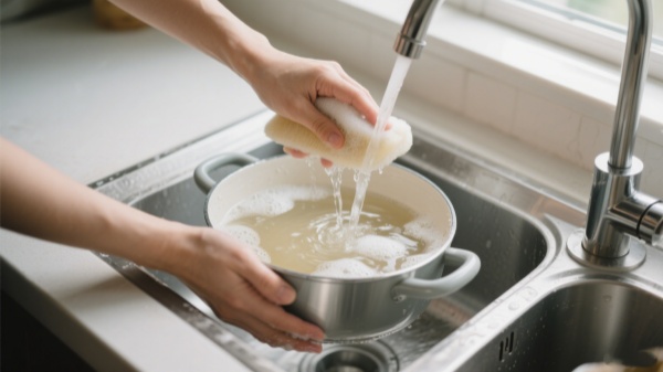 Use non-abrasive cleaning agents to preserve the nonstick surface of soup pot Use non-abrasive cleaning agents to preserve the nonstick surface of soup pot