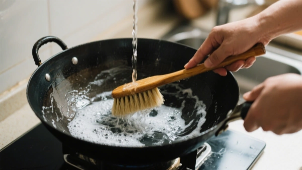 clean wok with hot water and a brush clean wok with hot water and a brush