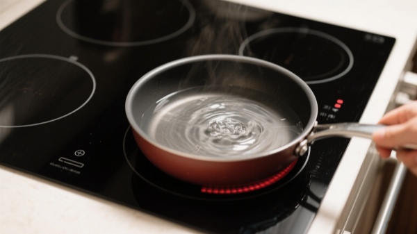 the cooktop recognizes the pan and the water starts to heat the cooktop recognizes the pan and the water starts to heat