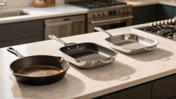 three distinct grill pans arranged on a countertop