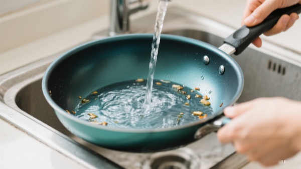 Rinse the Anodized aluminum frying pan with warm water Rinse the Anodized aluminum frying pan with warm water