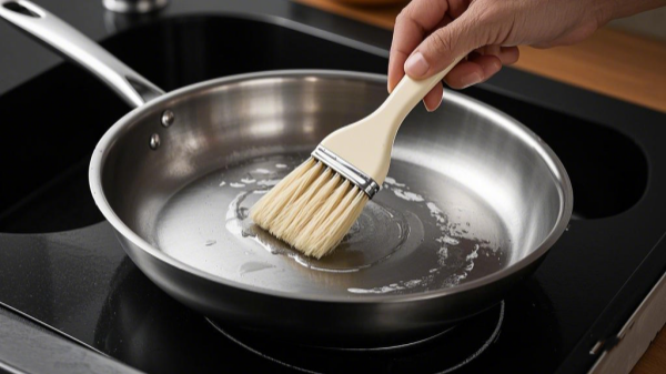 soft-bristle brush gently scrubbing the surface of the stainless steel pan