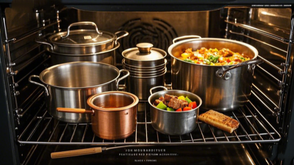 Various metal cookware in oven