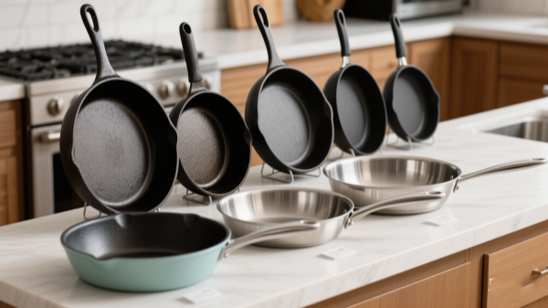 cast iron ceramic coating non-stick cast aluminum and stainless steel skillet in kitchen